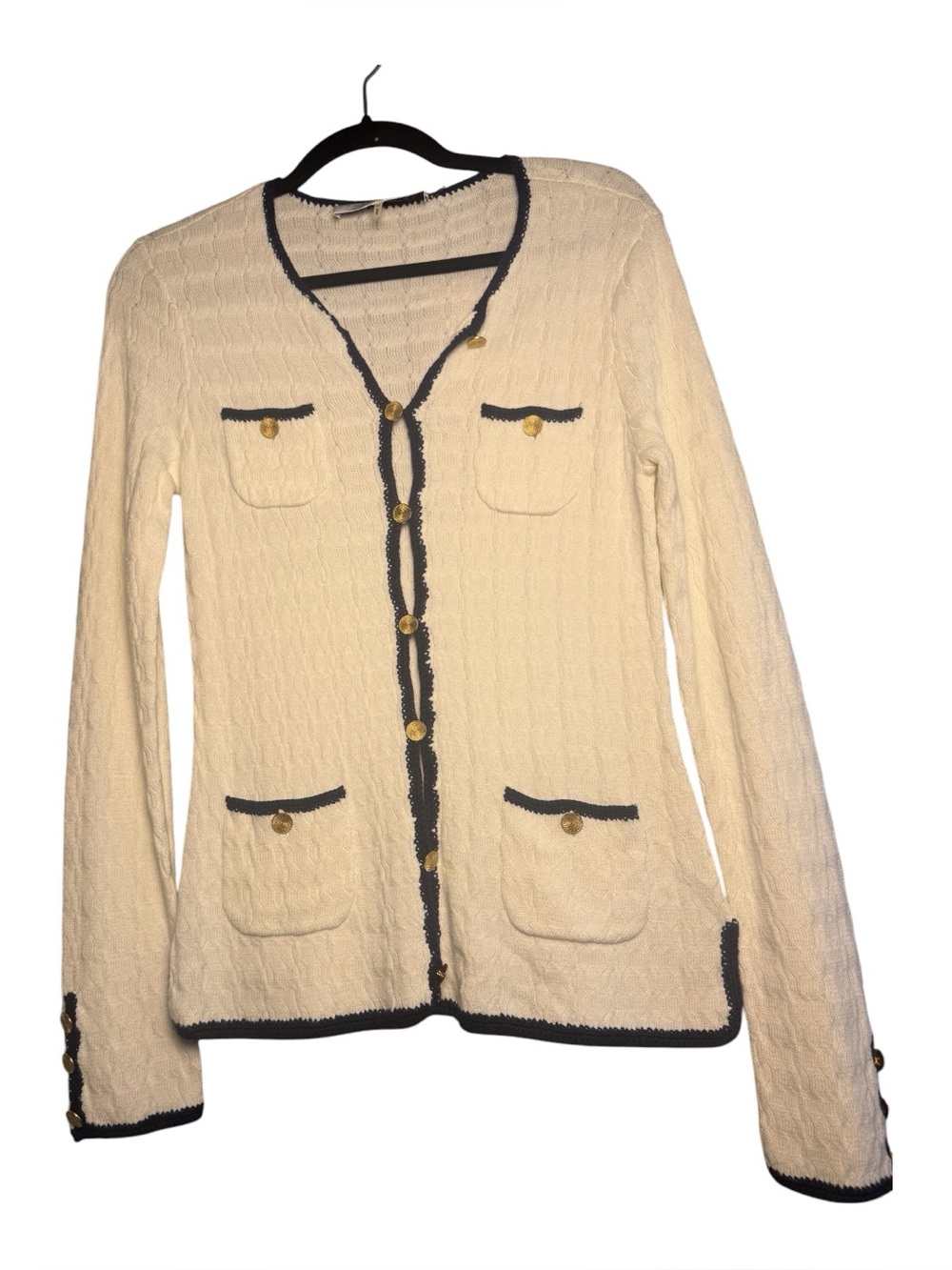 NWT Trina Turk Vermouth 4 Pocket Cardigan Gold Buttons White Blue Sweater M - Picture 2 of 16